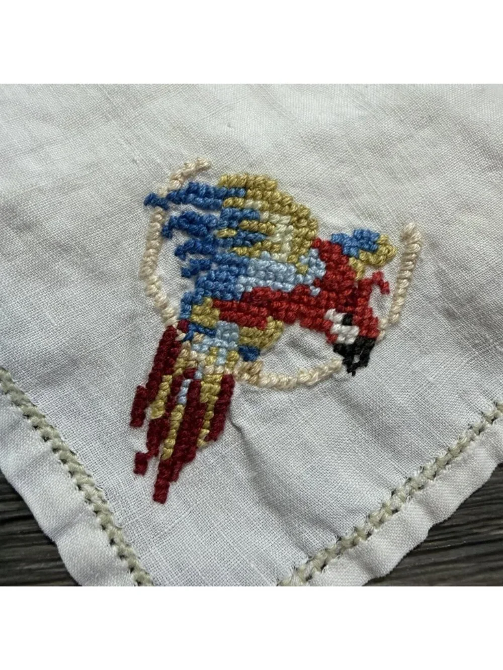 Vintage White Linen Tablecloth Napkins Hand Stitched Parrot Embroidery Tropical